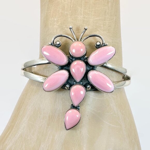 Dragonfly Bracelet: Sterling Silver Pink Conch Shell Vintage Cuff Handcrafted - Picture 1 of 5